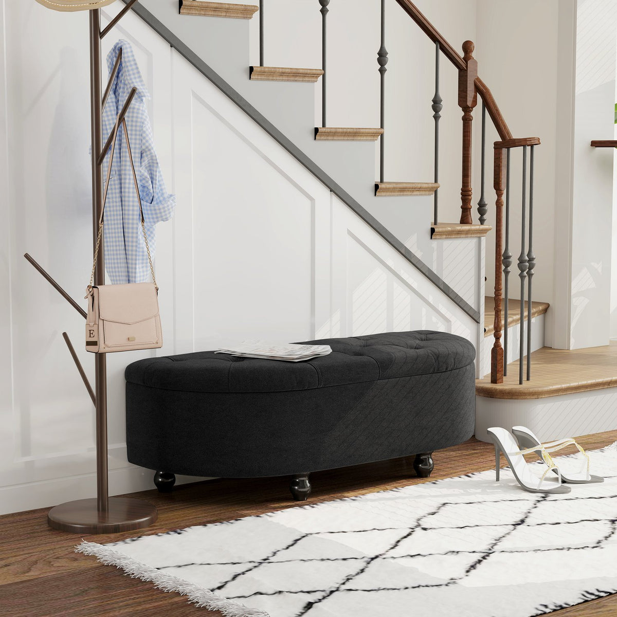 Bench with storage space, seat chest with open lid, velvet touch, upholstered bench for bedroom, rubber wood, dark gray, 120x46x42cm