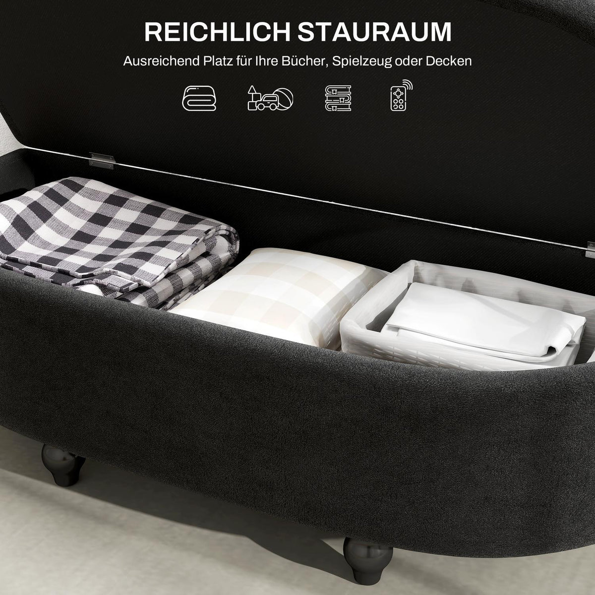 Bench with storage space, seat chest with open lid, velvet touch, upholstered bench for bedroom, rubber wood, dark gray, 120x46x42cm