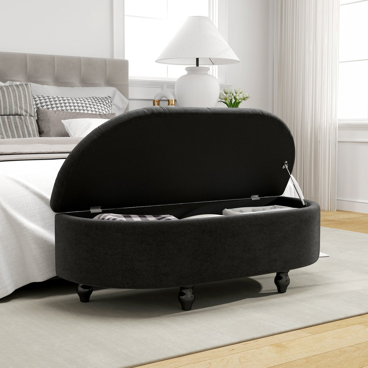 Bench with storage space, seat chest with open lid, velvet touch, upholstered bench for bedroom, rubber wood, dark gray, 120x46x42cm