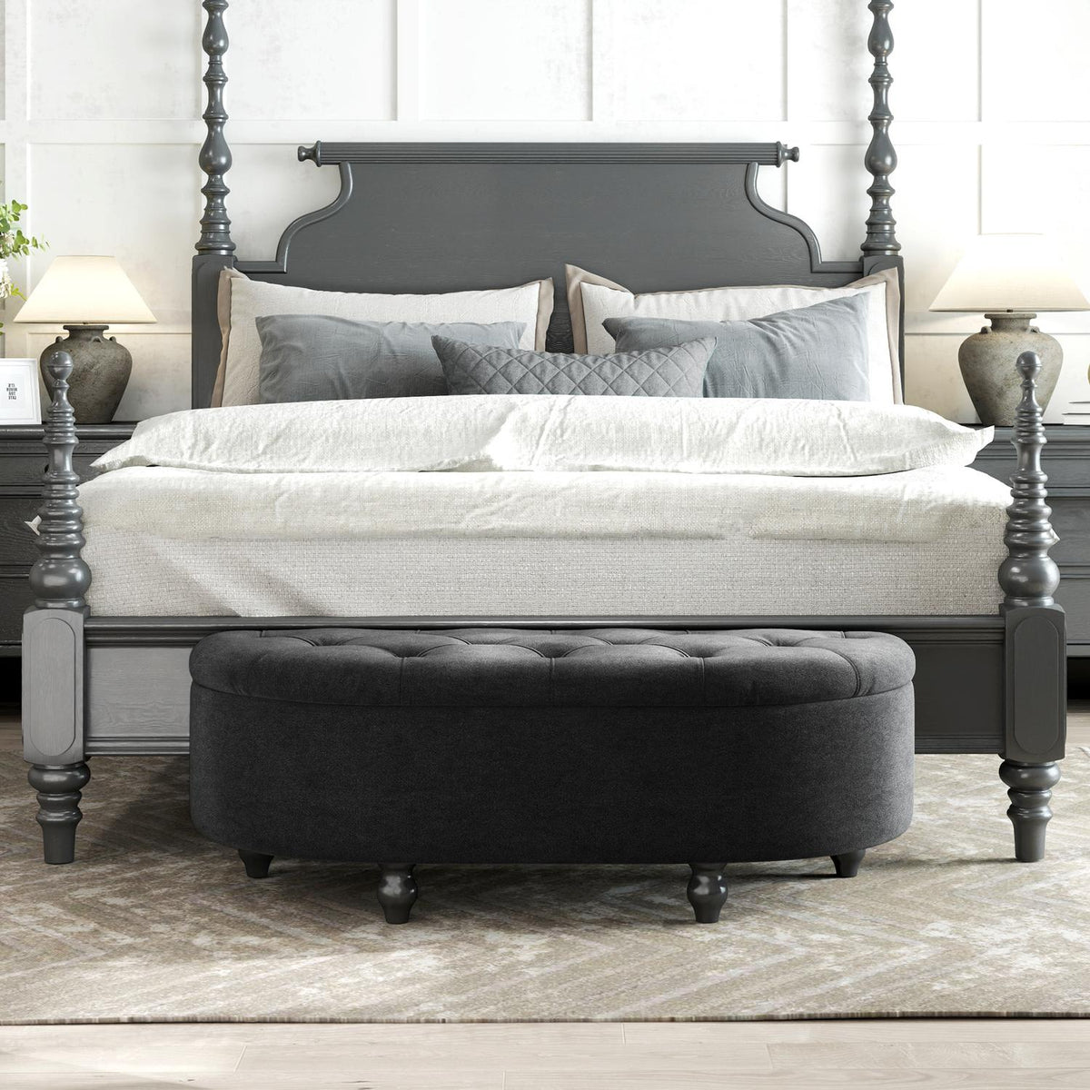 Bench with storage space, seat chest with open lid, velvet touch, upholstered bench for bedroom, rubber wood, dark gray, 120x46x42cm