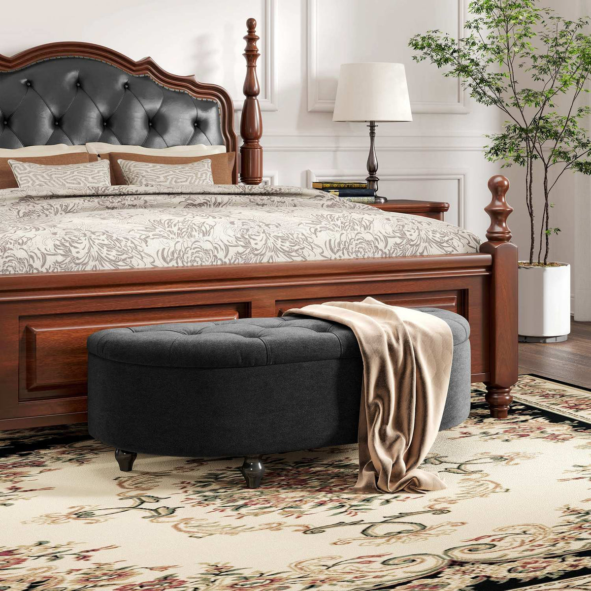 Bench with storage space, seat chest with open lid, velvet touch, upholstered bench for bedroom, rubber wood, dark gray, 120x46x42cm