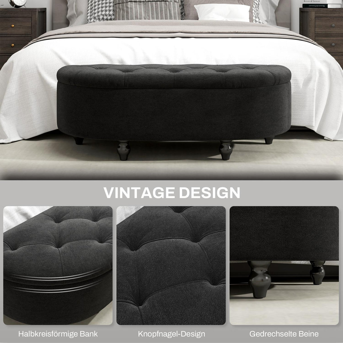 Bench with storage space, seat chest with open lid, velvet touch, upholstered bench for bedroom, rubber wood, dark gray, 120x46x42cm