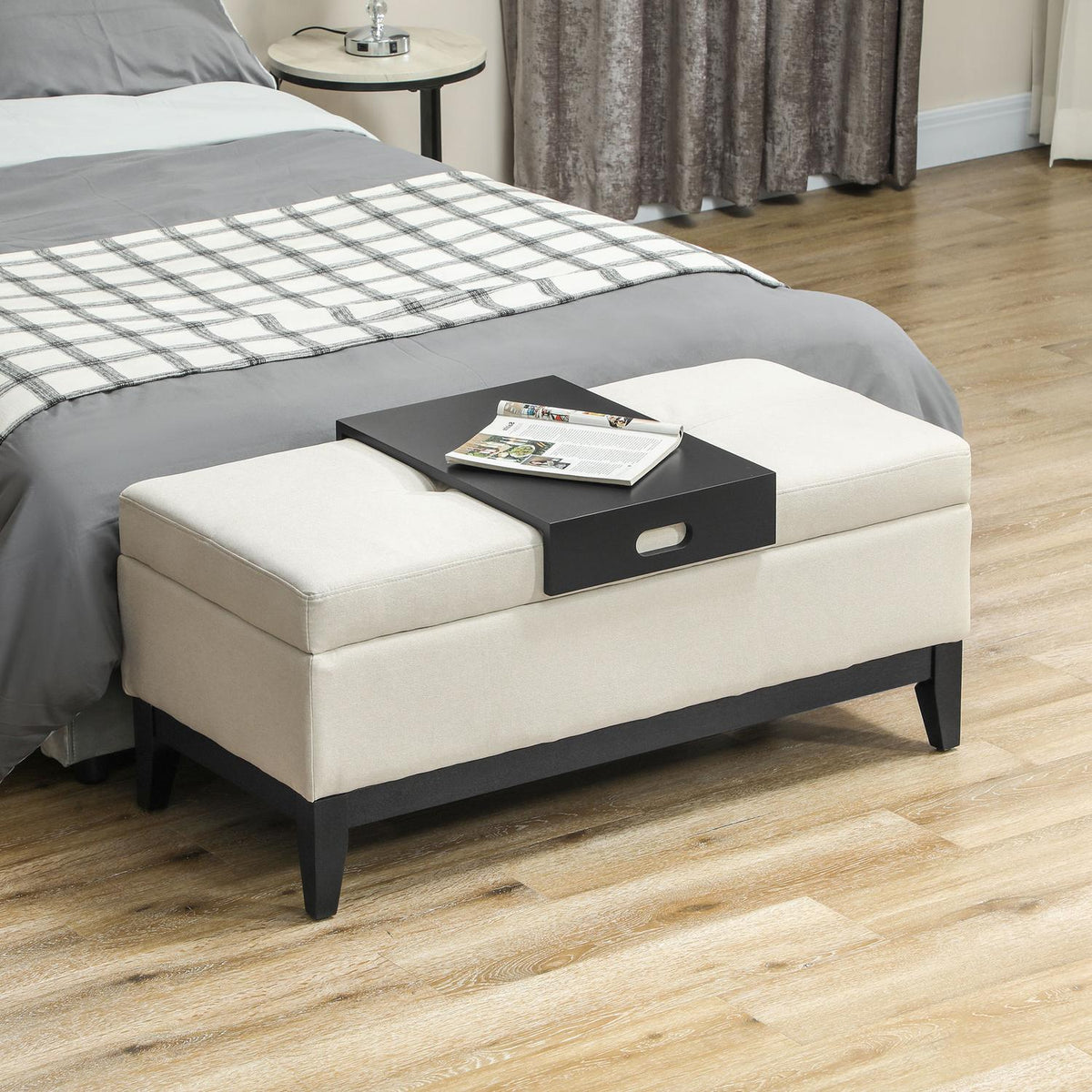 Bench with storage space, upholstered bench, can hold up to 120 kg, bed bench with storage box, foam for living room, bedroom, cream white, 107 x 50 x 44 cm