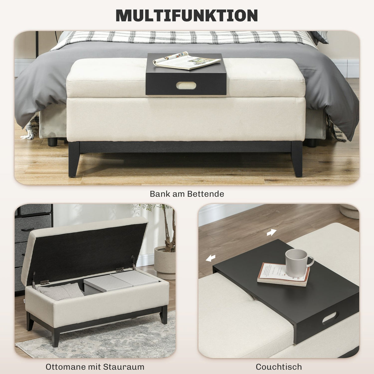 Bench with storage space, upholstered bench, can hold up to 120 kg, bed bench with storage box, foam for living room, bedroom, cream white, 107 x 50 x 44 cm