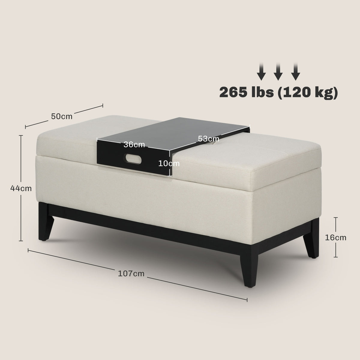 Bench with storage space, upholstered bench, can hold up to 120 kg, bed bench with storage box, foam for living room, bedroom, cream white, 107 x 50 x 44 cm