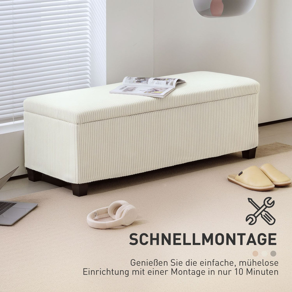 Bench with storage space, upholstered bench with cord look, chest with steel legs, chest bench for living room, bedroom, hallway 112 x 42 x 40 cm, beige