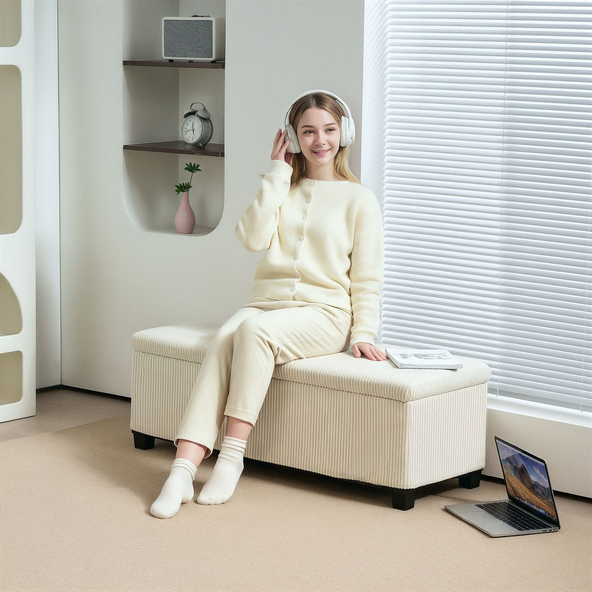 Bench with storage space, upholstered bench with cord look, chest with steel legs, chest bench for living room, bedroom, hallway 112 x 42 x 40 cm, beige