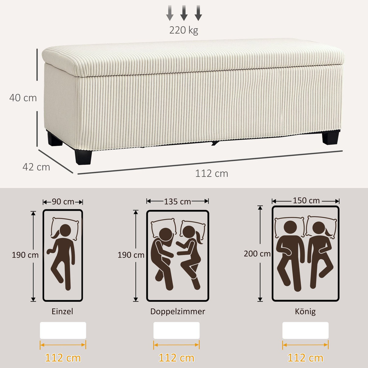 Bench with storage space, upholstered bench with cord look, chest with steel legs, chest bench for living room, bedroom, hallway 112 x 42 x 40 cm, beige