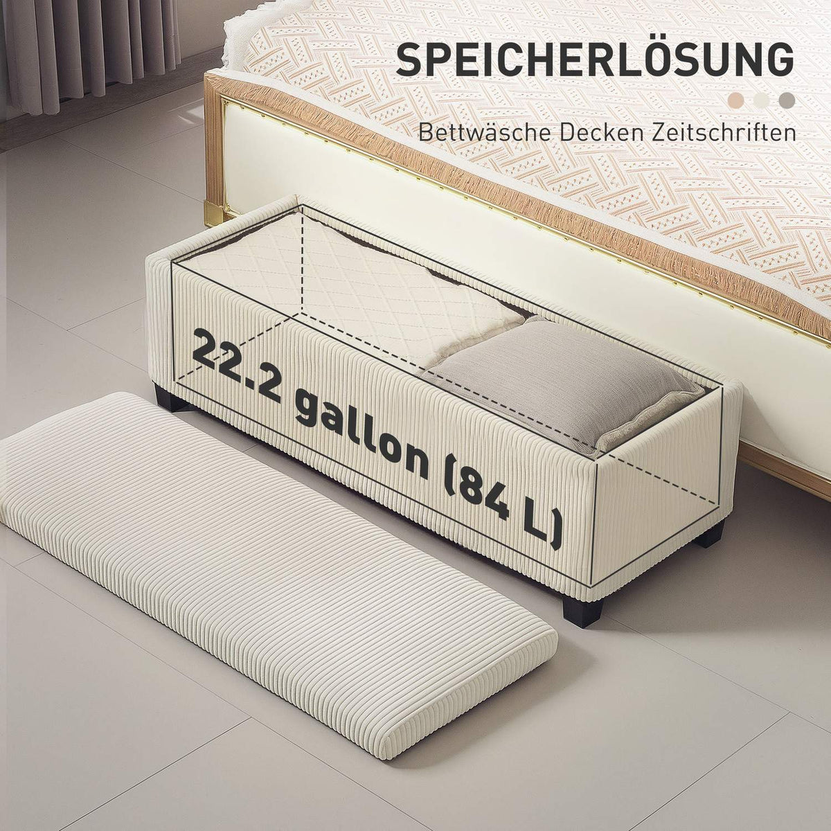 Bench with storage space, upholstered bench with cord look, chest with steel legs, chest bench for living room, bedroom, hallway 112 x 42 x 40 cm, beige