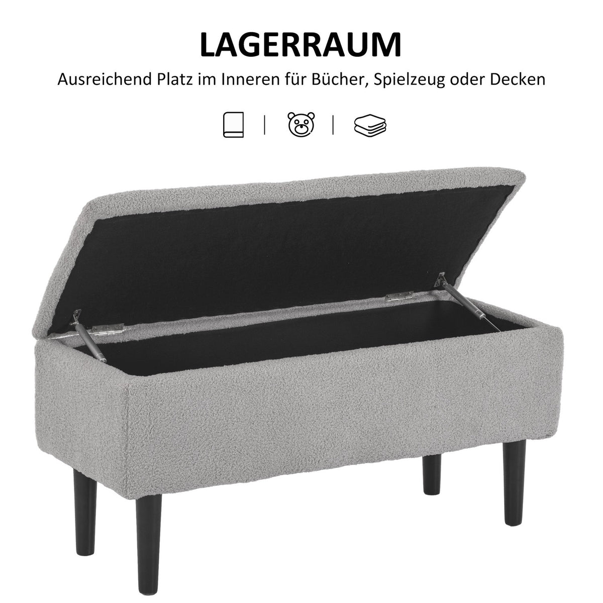 Bench with storage space, upholstered bench with hinged lid, velvet look, chest bench, for living room, bedroom, gray, 95 x 38 x 45 cm