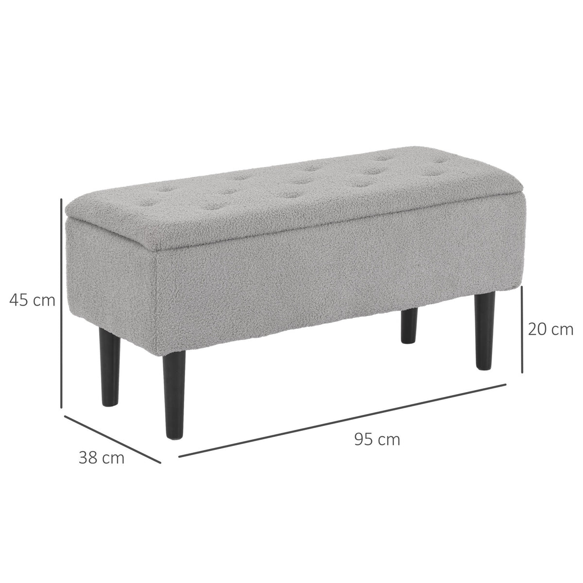 Bench with storage space, upholstered bench with hinged lid, velvet look, chest bench, for living room, bedroom, gray, 95 x 38 x 45 cm