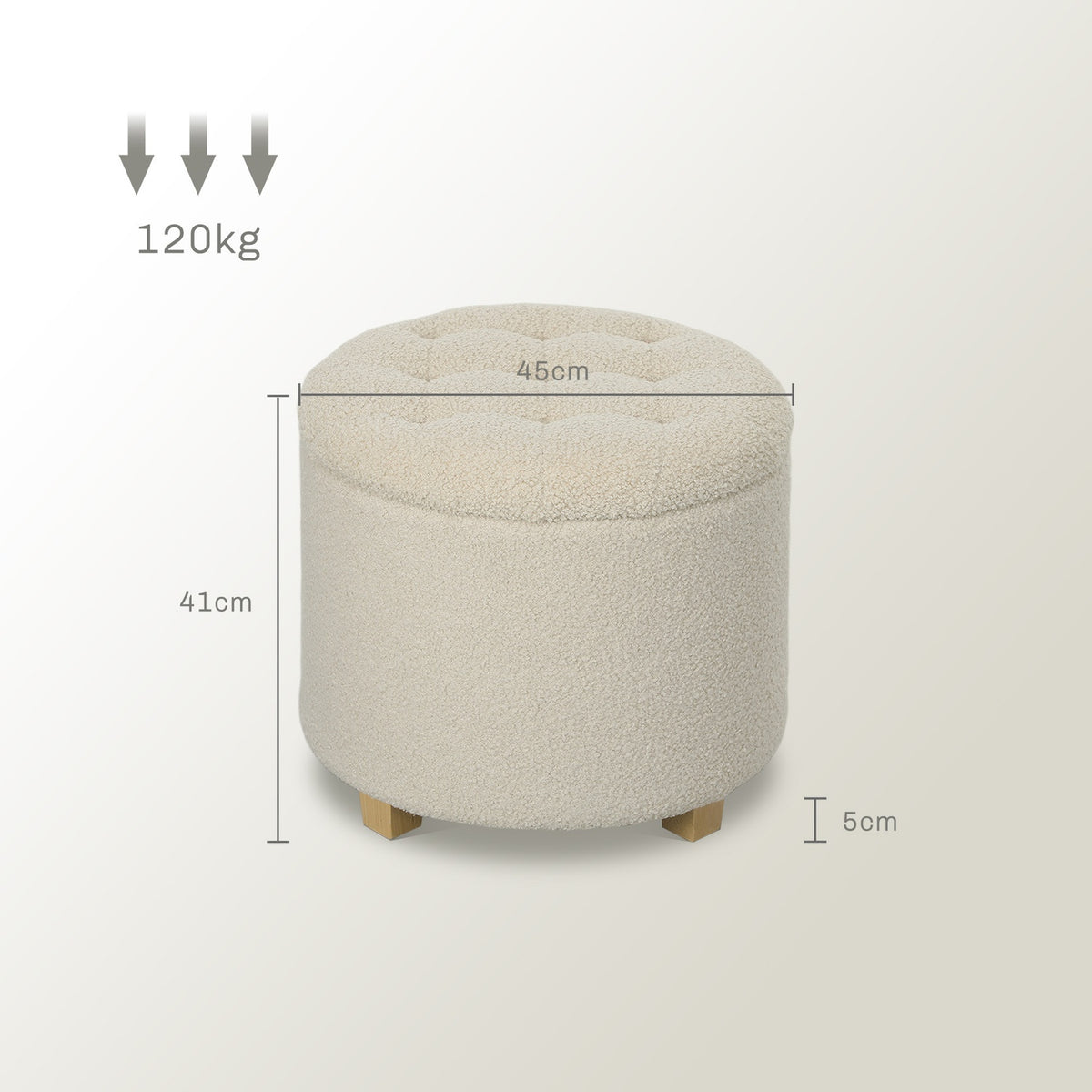 Bench with storage space, upholstered bench with lid, bed bench with cashmere look, for hallway, bedroom, living room, wooden frame Ø45 x 41 cm cream white