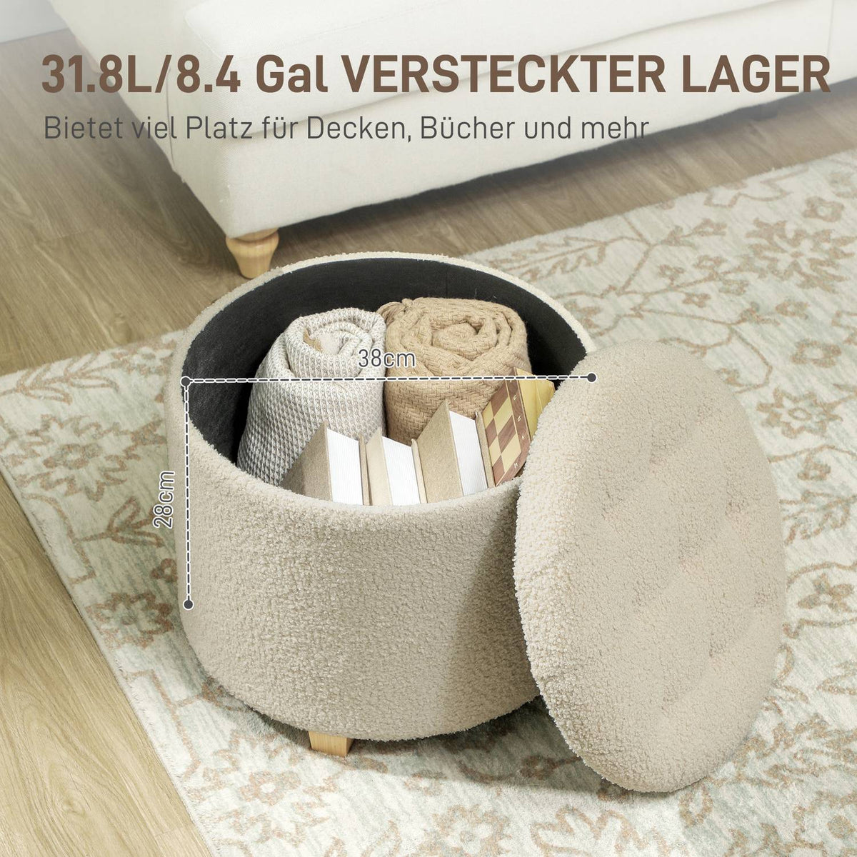 Bench with storage space, upholstered bench with lid, bed bench with cashmere look, for hallway, bedroom, living room, wooden frame Ø45 x 41 cm cream white