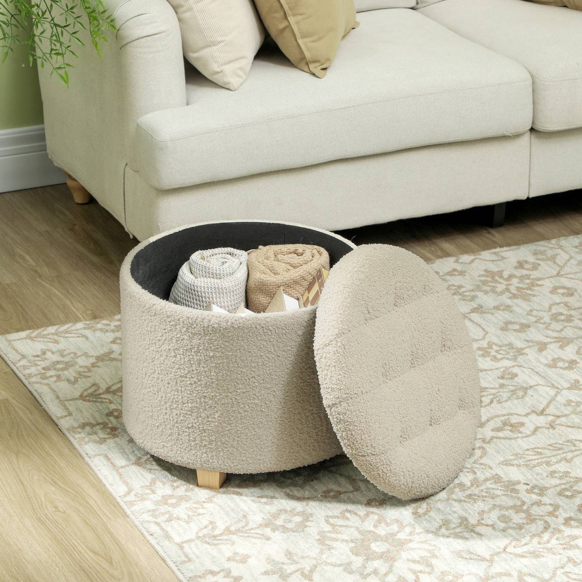 Bench with storage space, upholstered bench with lid, bed bench with cashmere look, for hallway, bedroom, living room, wooden frame Ø45 x 41 cm cream white