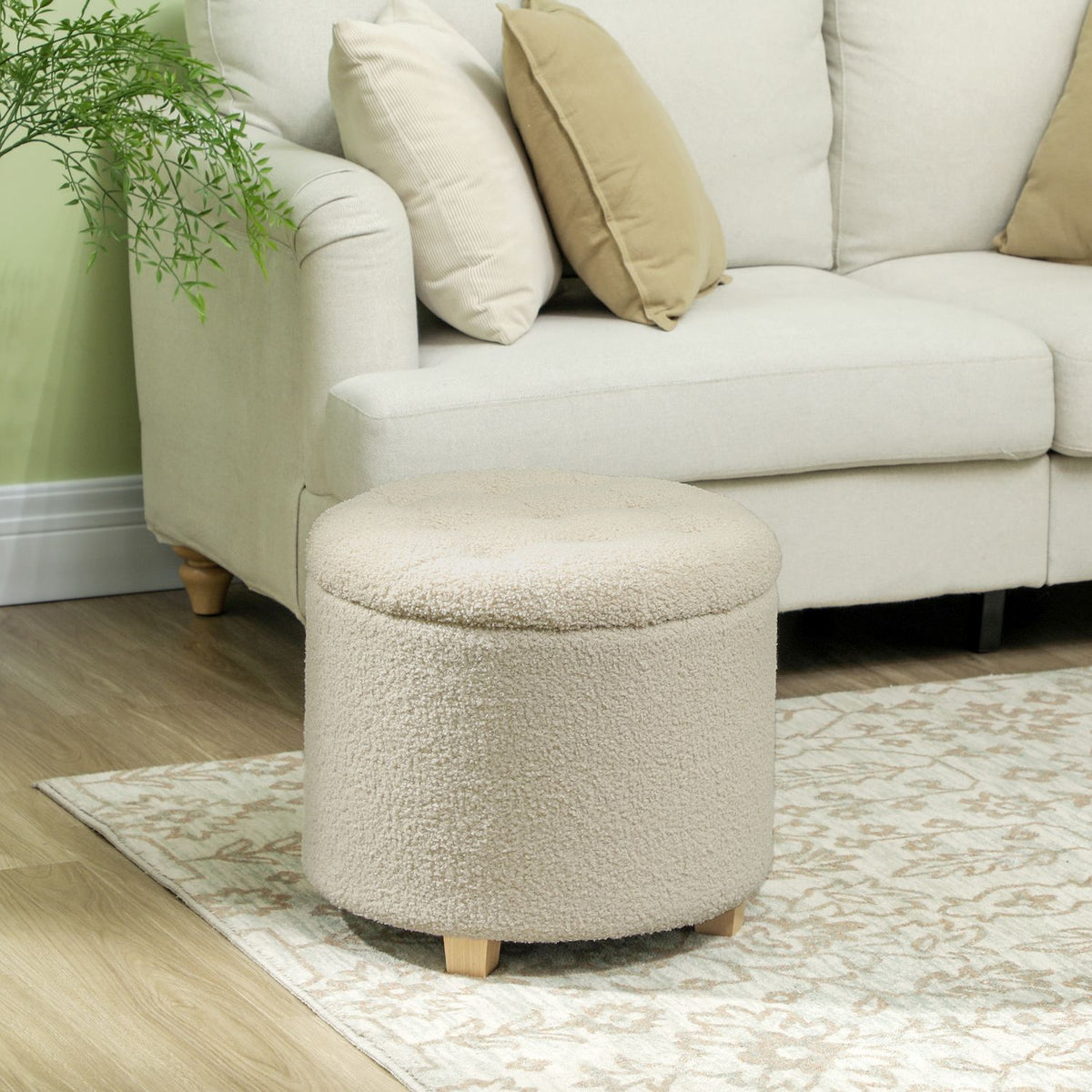 Bench with storage space, upholstered bench with lid, bed bench with cashmere look, for hallway, bedroom, living room, wooden frame Ø45 x 41 cm cream white