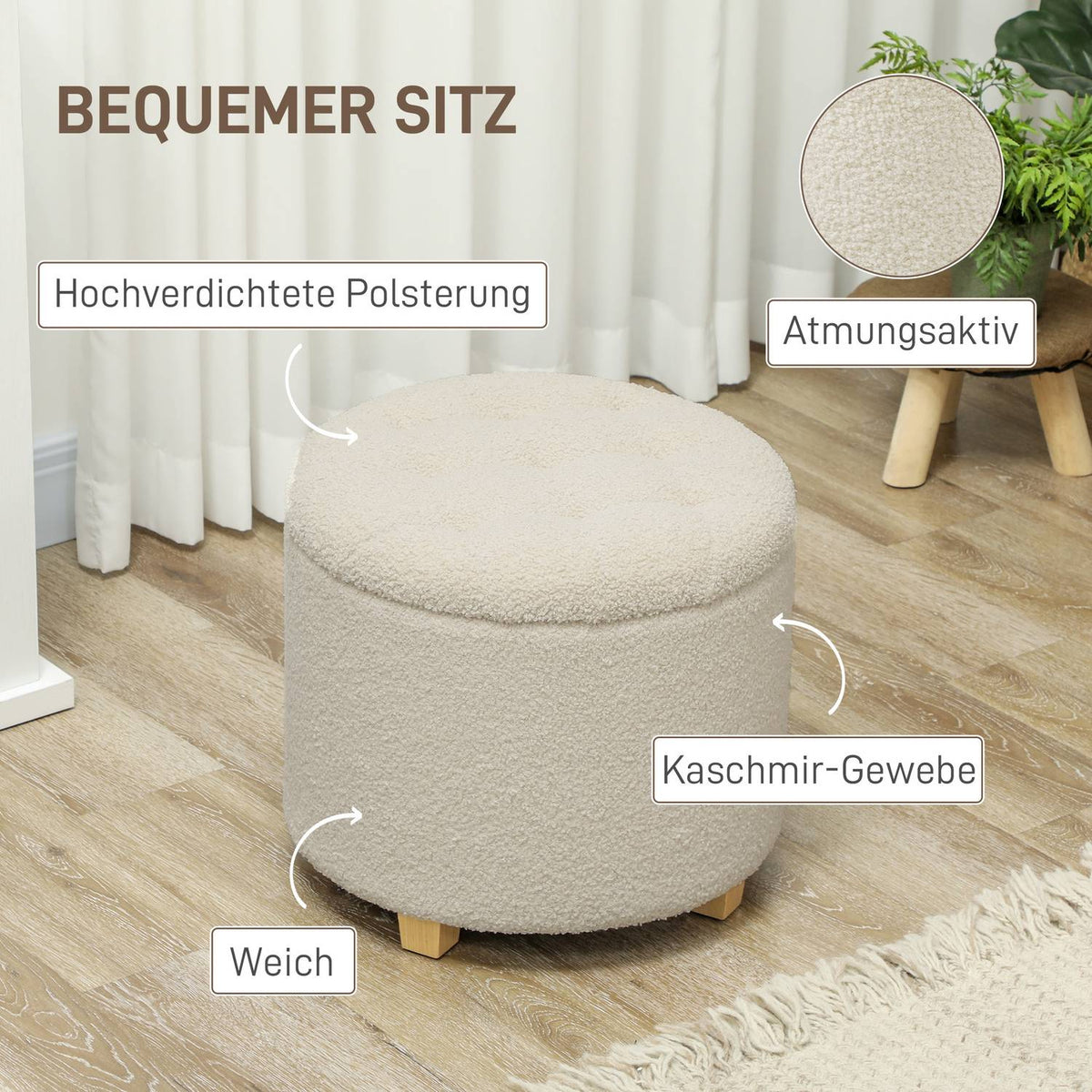 Bench with storage space, upholstered bench with lid, bed bench with cashmere look, for hallway, bedroom, living room, wooden frame Ø45 x 41 cm cream white