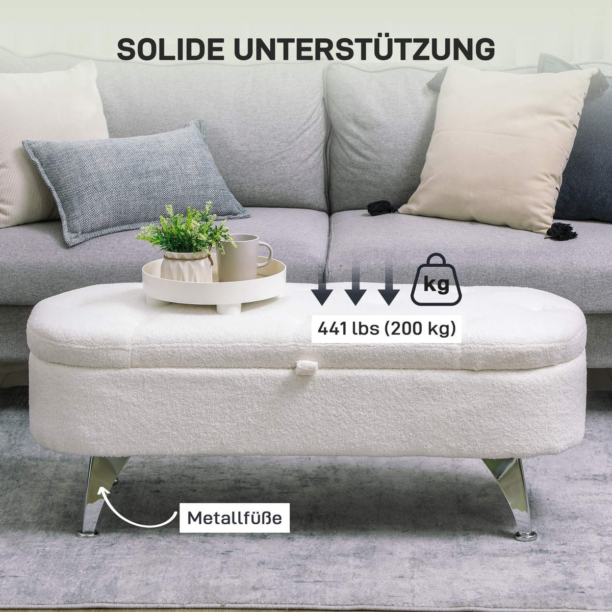 Bench with storage space, upholstered bench with lid, bed bench with teddy velvet look, for hallway, bedroom, living room, metal frame 114 x 47 x 46.5 cm white