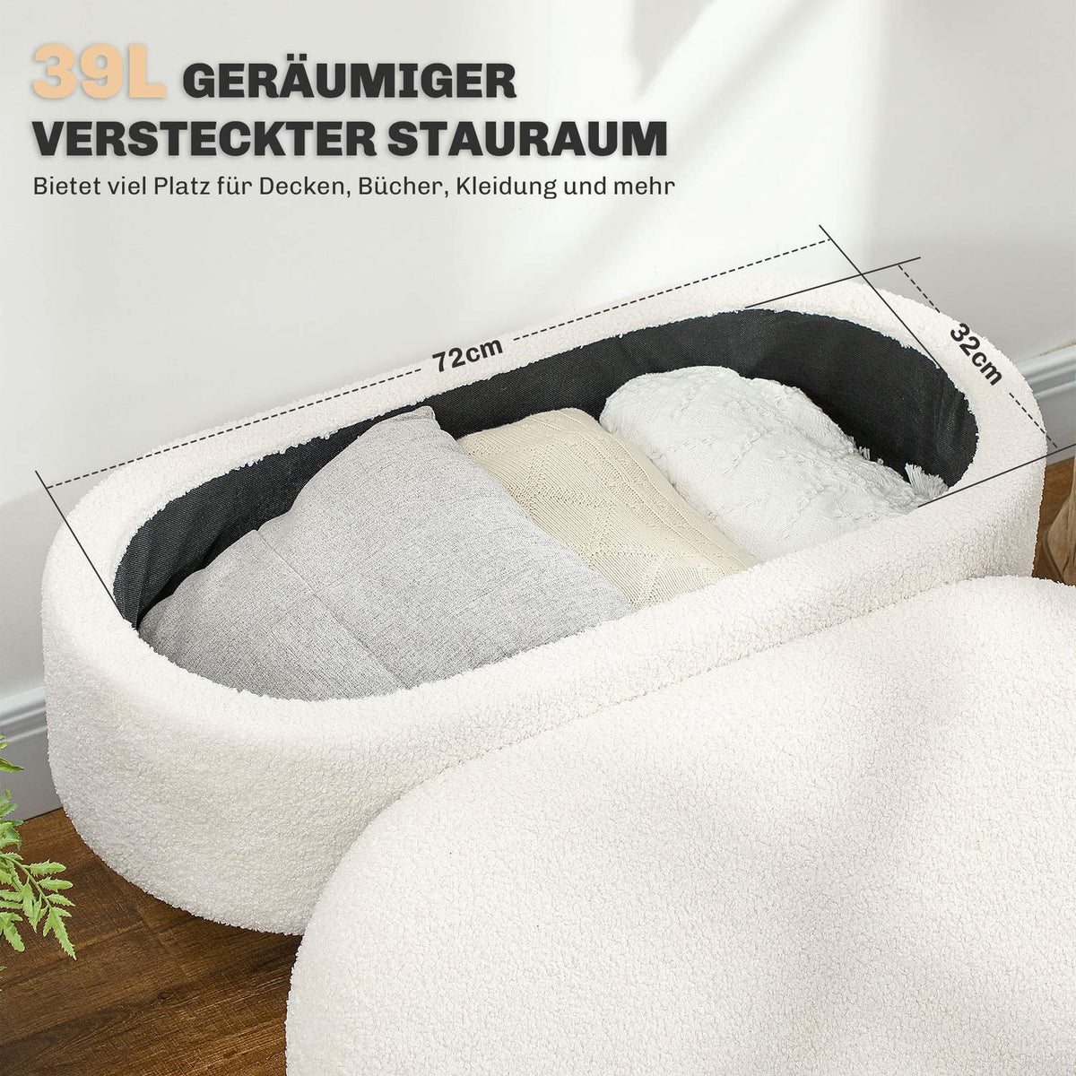 Bench with storage space, upholstered bench with lid, bed bench with teddy velvet look, for hallway, bedroom, living room, wooden frame 82 x 41 x 45 cm white