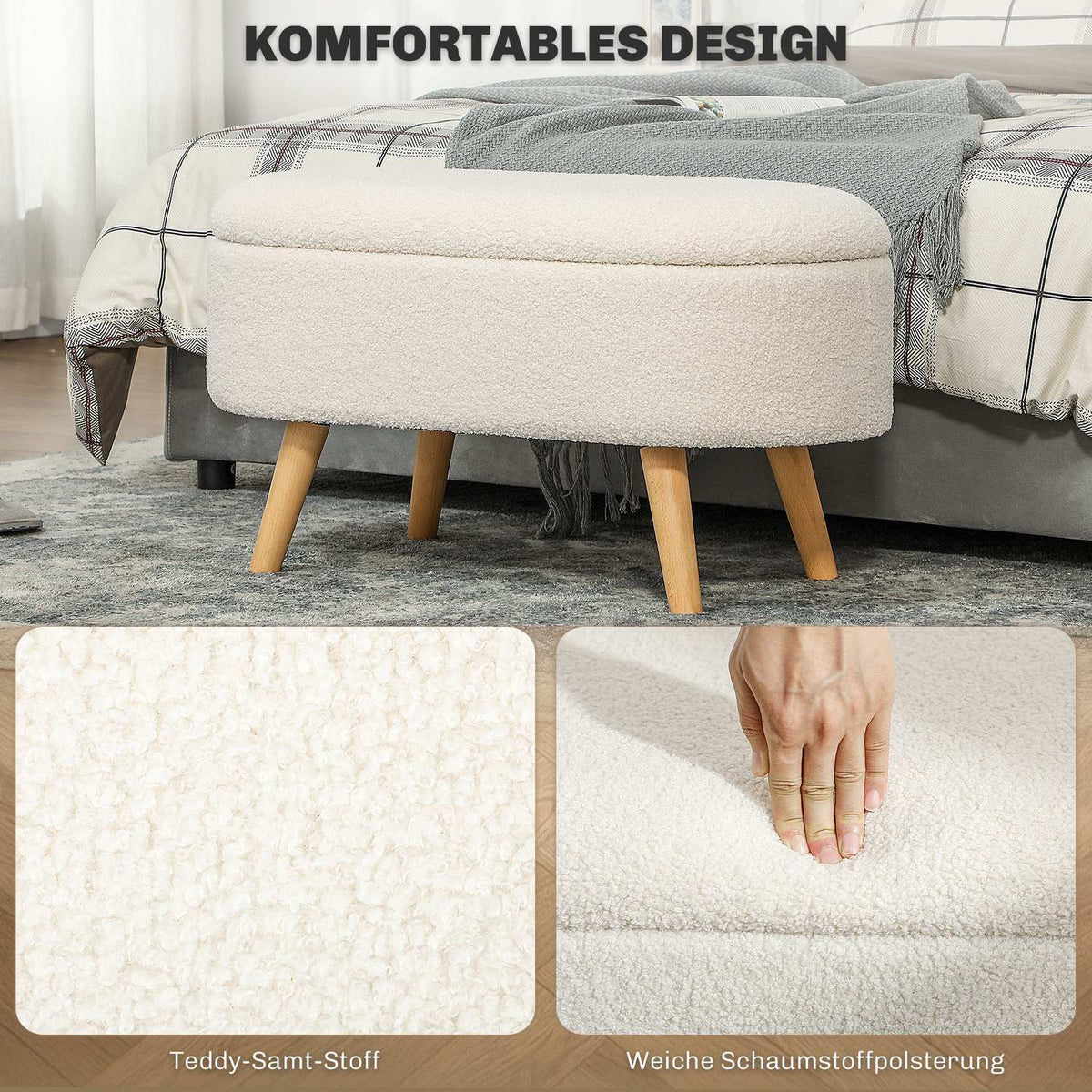 Bench with storage space, upholstered bench with lid, bed bench with teddy velvet look, for hallway, bedroom, living room, wooden frame 82 x 41 x 45 cm white