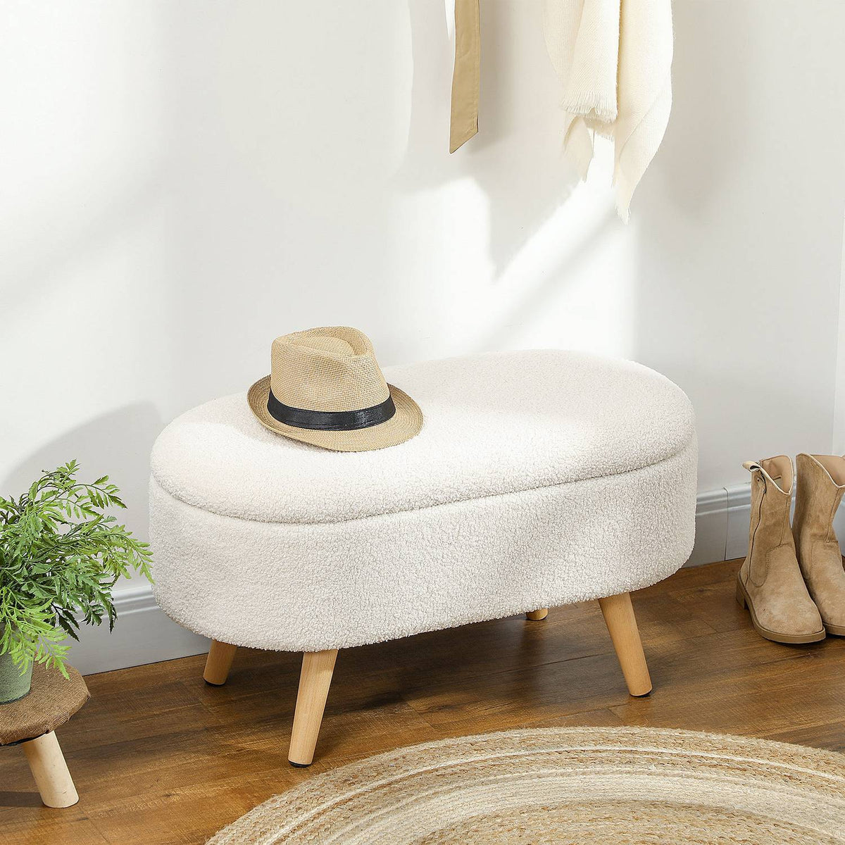 Bench with storage space, upholstered bench with lid, bed bench with teddy velvet look, for hallway, bedroom, living room, wooden frame 82 x 41 x 45 cm white