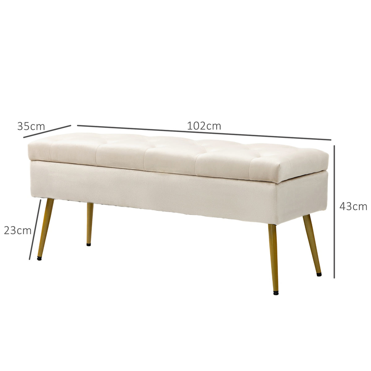 Bench with storage space, upholstered bench with lid, bed bench with velvet look, for hallway, bedroom, living room, metal frame 102 x 35 x 43 cm beige