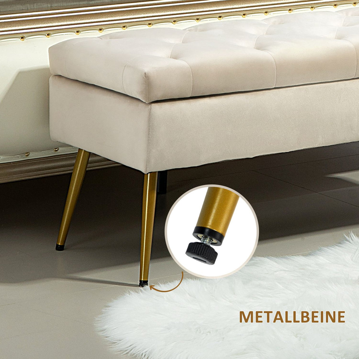 Bench with storage space, upholstered bench with lid, bed bench with velvet look, for hallway, bedroom, living room, metal frame 102 x 35 x 43 cm beige