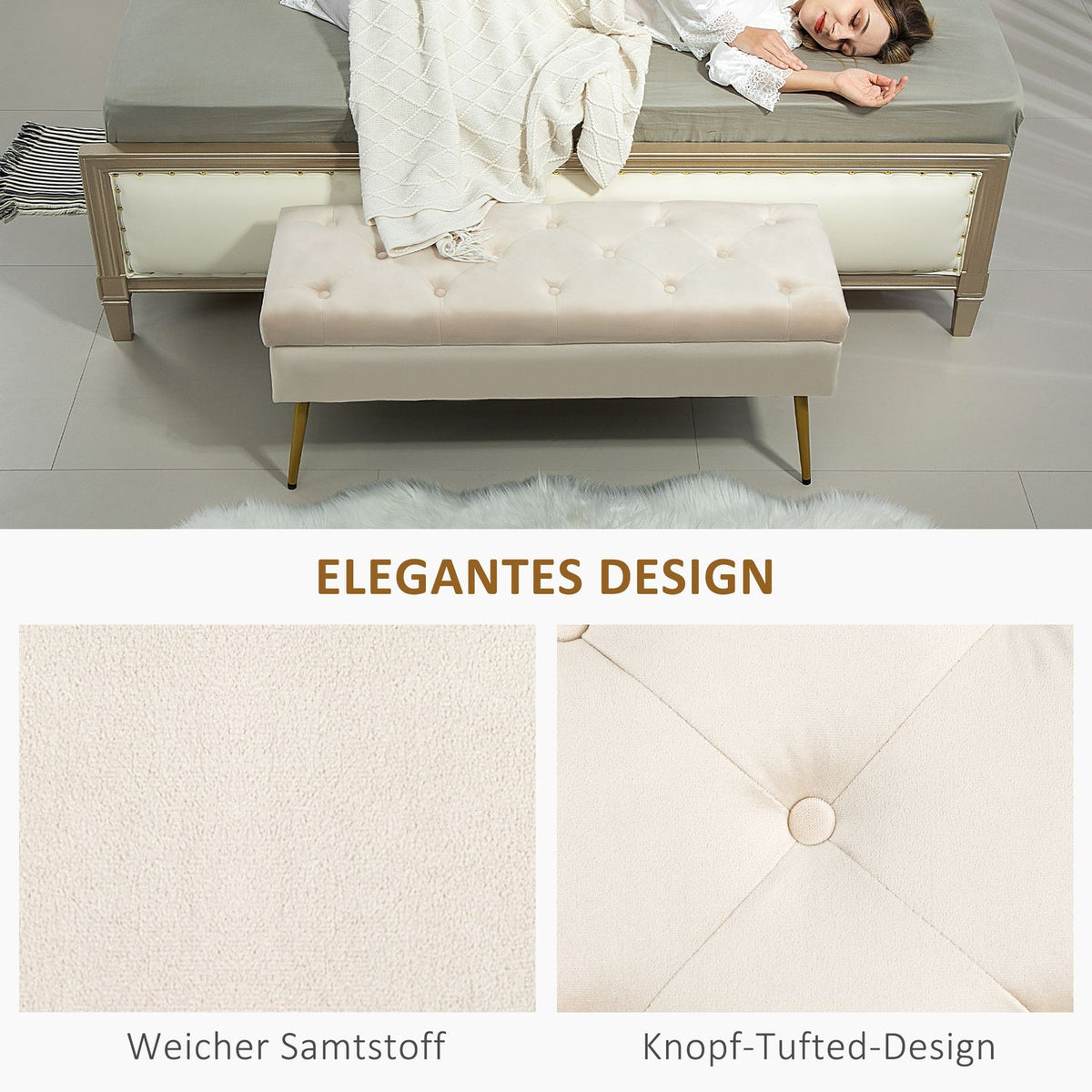 Bench with storage space, upholstered bench with lid, bed bench with velvet look, for hallway, bedroom, living room, metal frame 102 x 35 x 43 cm beige
