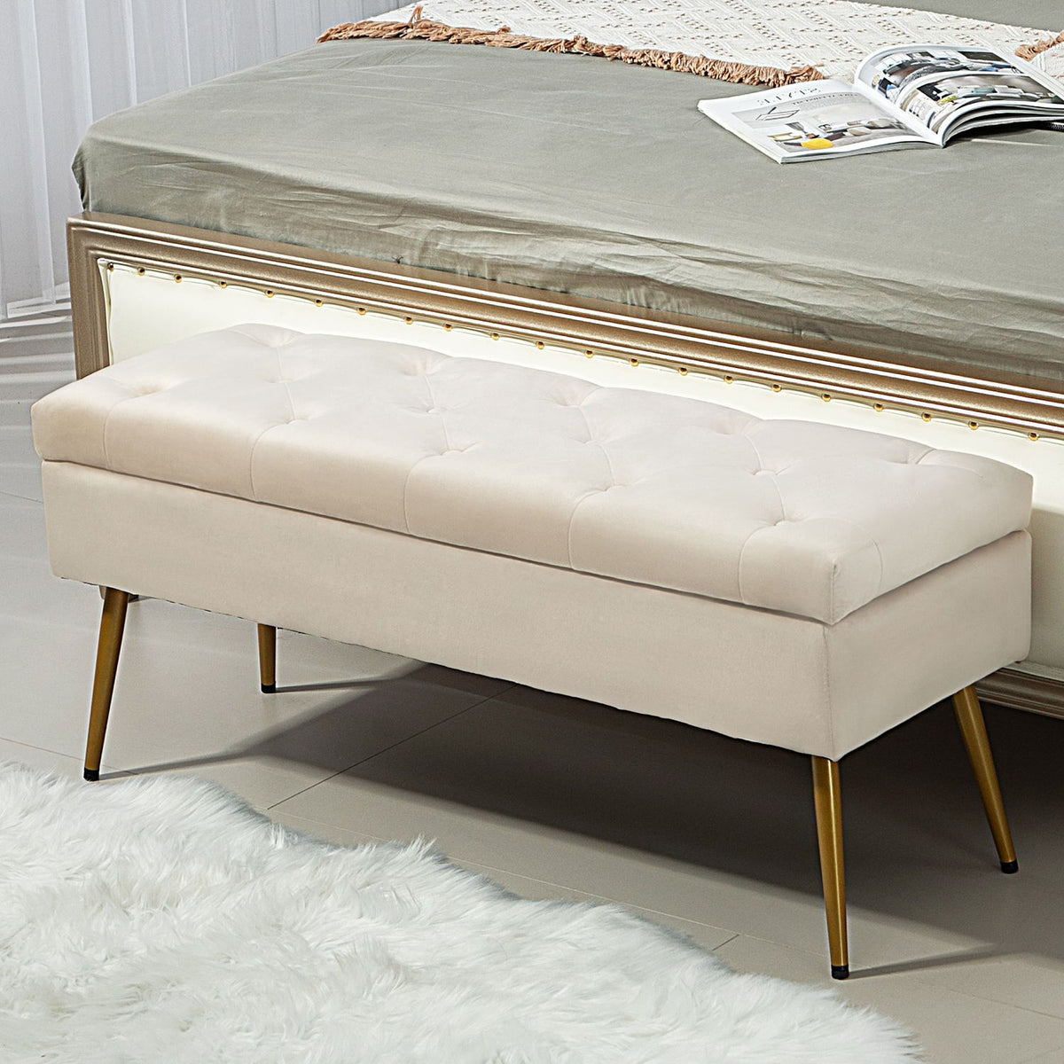 Bench with storage space, upholstered bench with lid, bed bench with velvet look, for hallway, bedroom, living room, metal frame 102 x 35 x 43 cm beige