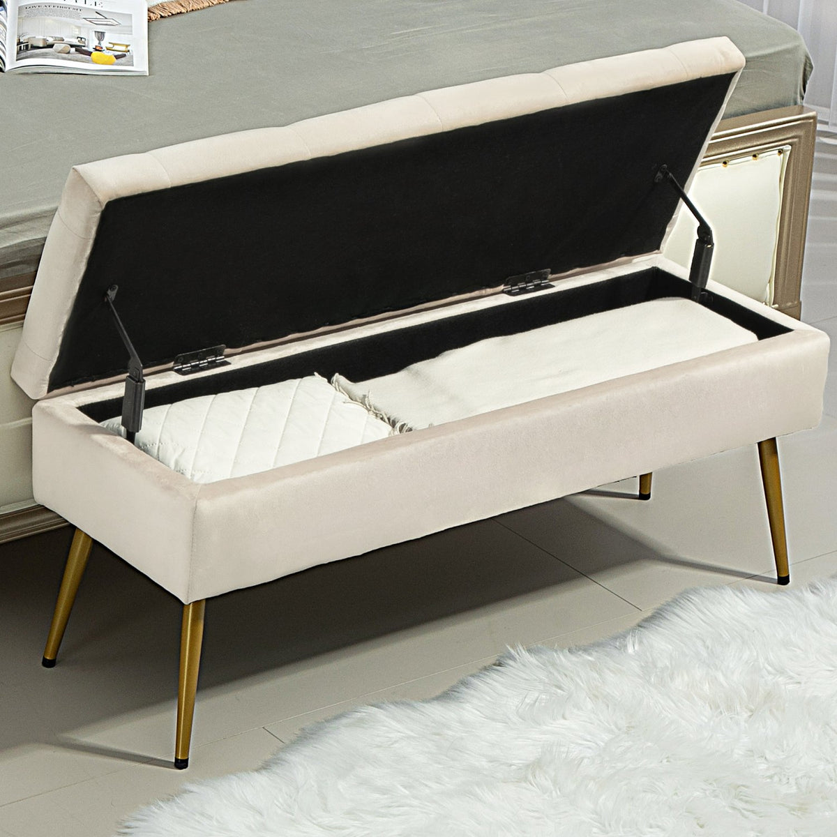 Bench with storage space, upholstered bench with lid, bed bench with velvet look, for hallway, bedroom, living room, metal frame 102 x 35 x 43 cm beige