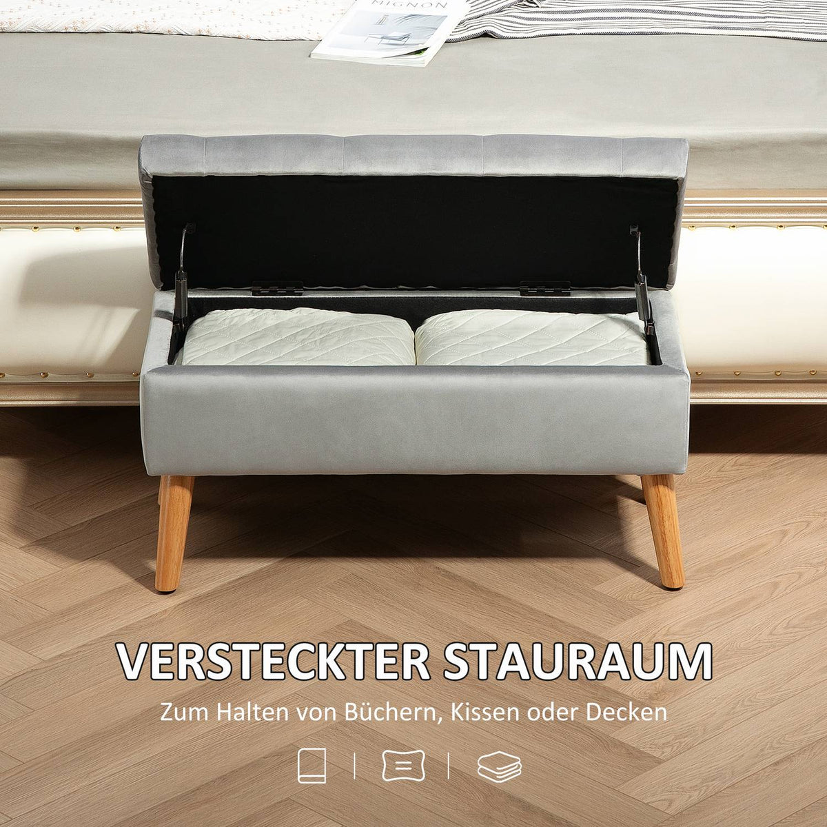 Bench with storage space, upholstered bench with lid, bed bench with velvet look, for hallway, bedroom, living room, rubber wood 102 x 35 x 43 cm gray