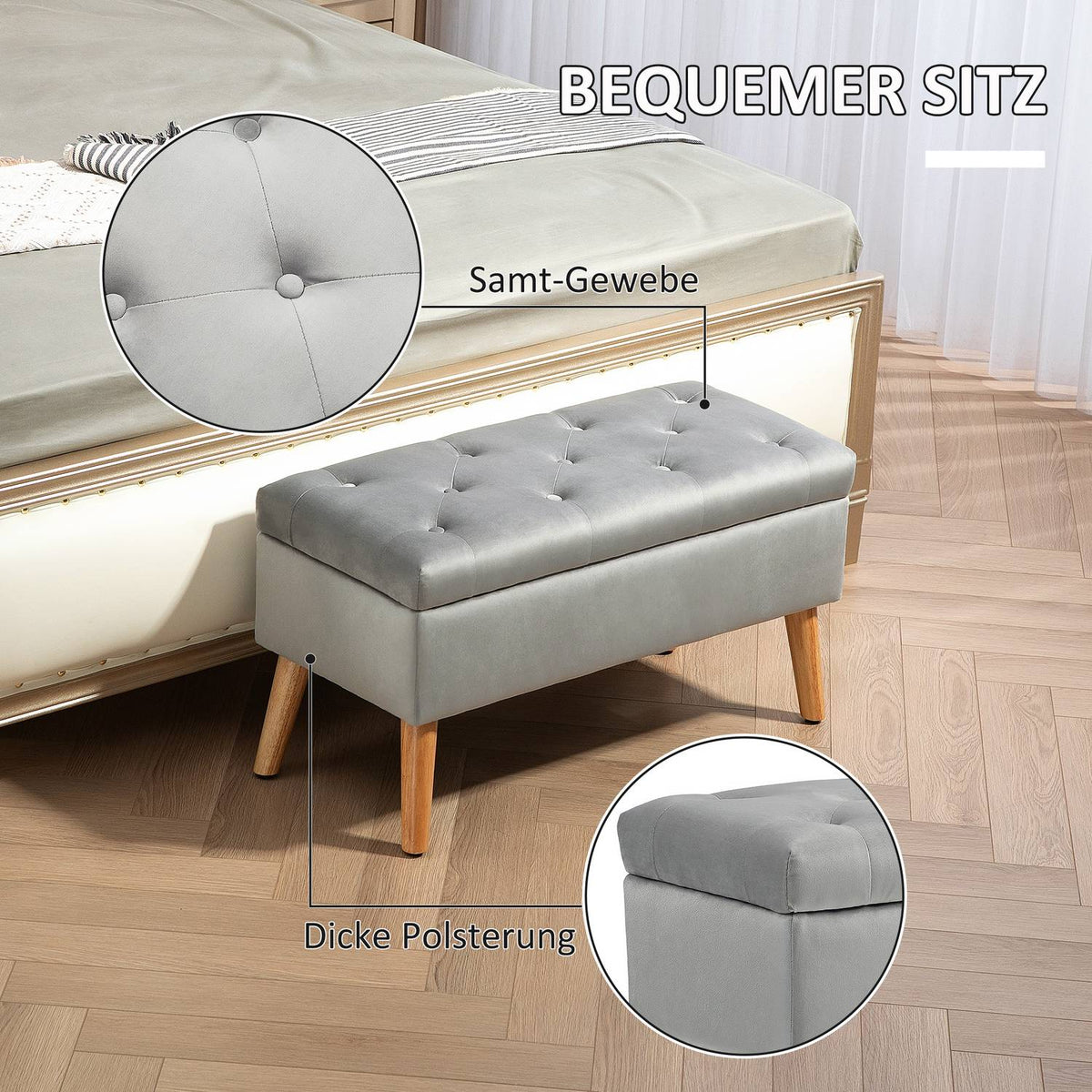 Bench with storage space, upholstered bench with lid, bed bench with velvet look, for hallway, bedroom, living room, rubber wood 102 x 35 x 43 cm gray
