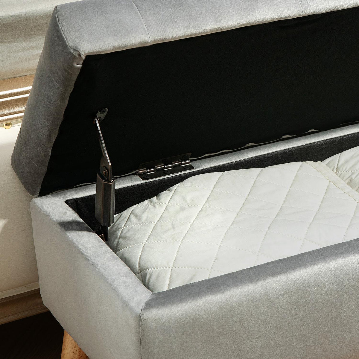 Bench with storage space, upholstered bench with lid, bed bench with velvet look, for hallway, bedroom, living room, rubber wood 102 x 35 x 43 cm gray