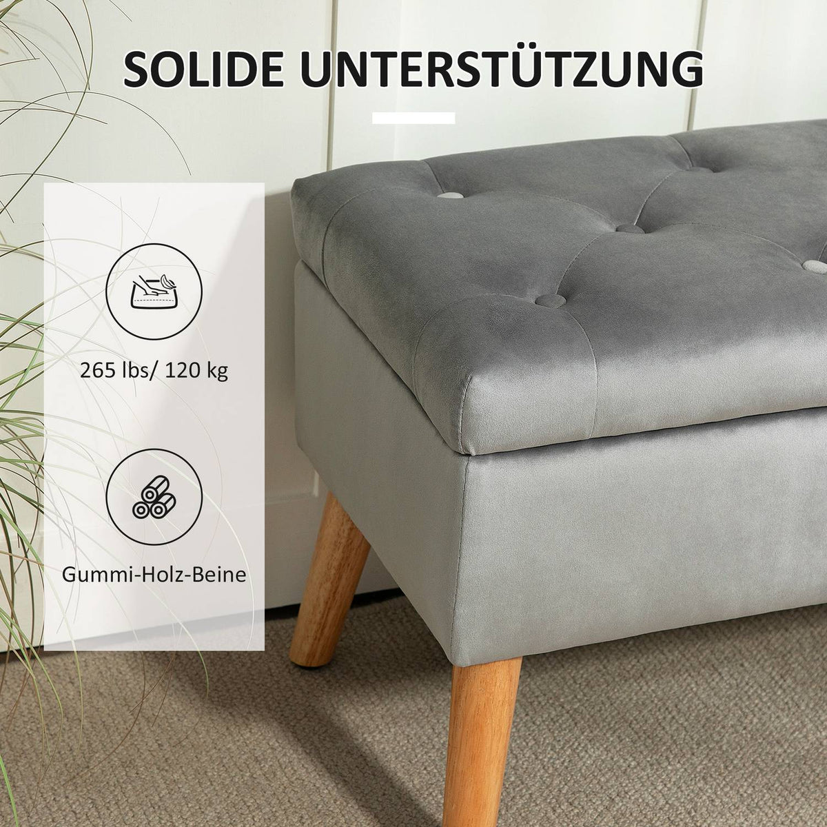 Bench with storage space, upholstered bench with lid, bed bench with velvet look, for hallway, bedroom, living room, rubber wood 102 x 35 x 43 cm gray