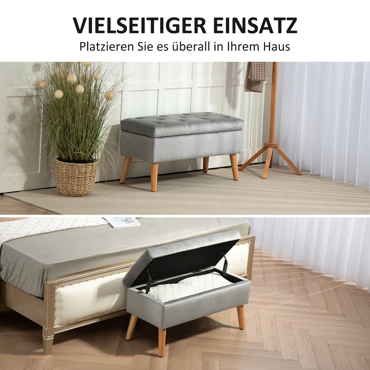 Bench with storage space, upholstered bench with lid, bed bench with velvet look, for hallway, bedroom, living room, rubber wood 102 x 35 x 43 cm gray