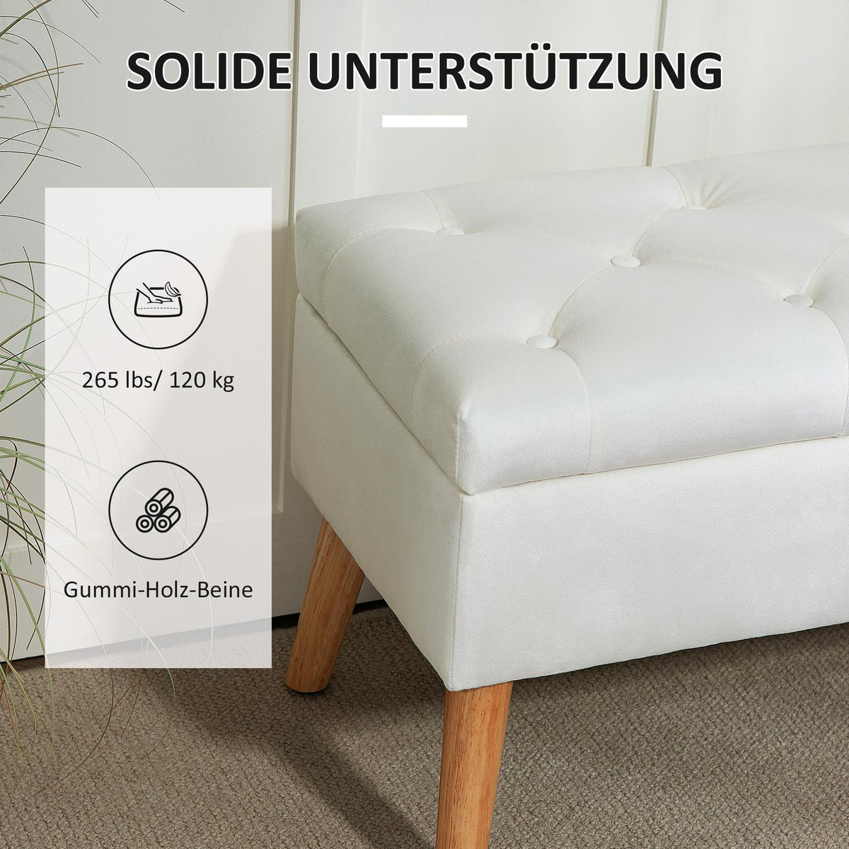 Bench with storage space, upholstered bench with lid, bed bench with velvet look, for hallway, bedroom, living room, rubber wood 102 x 35 x 43 cm white