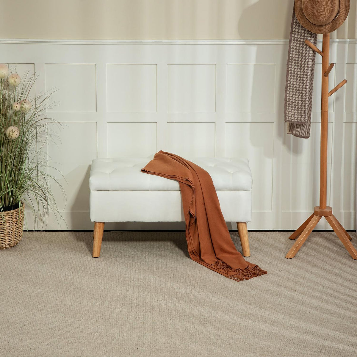 Bench with storage space, upholstered bench with lid, bed bench with velvet look, for hallway, bedroom, living room, rubber wood 102 x 35 x 43 cm white