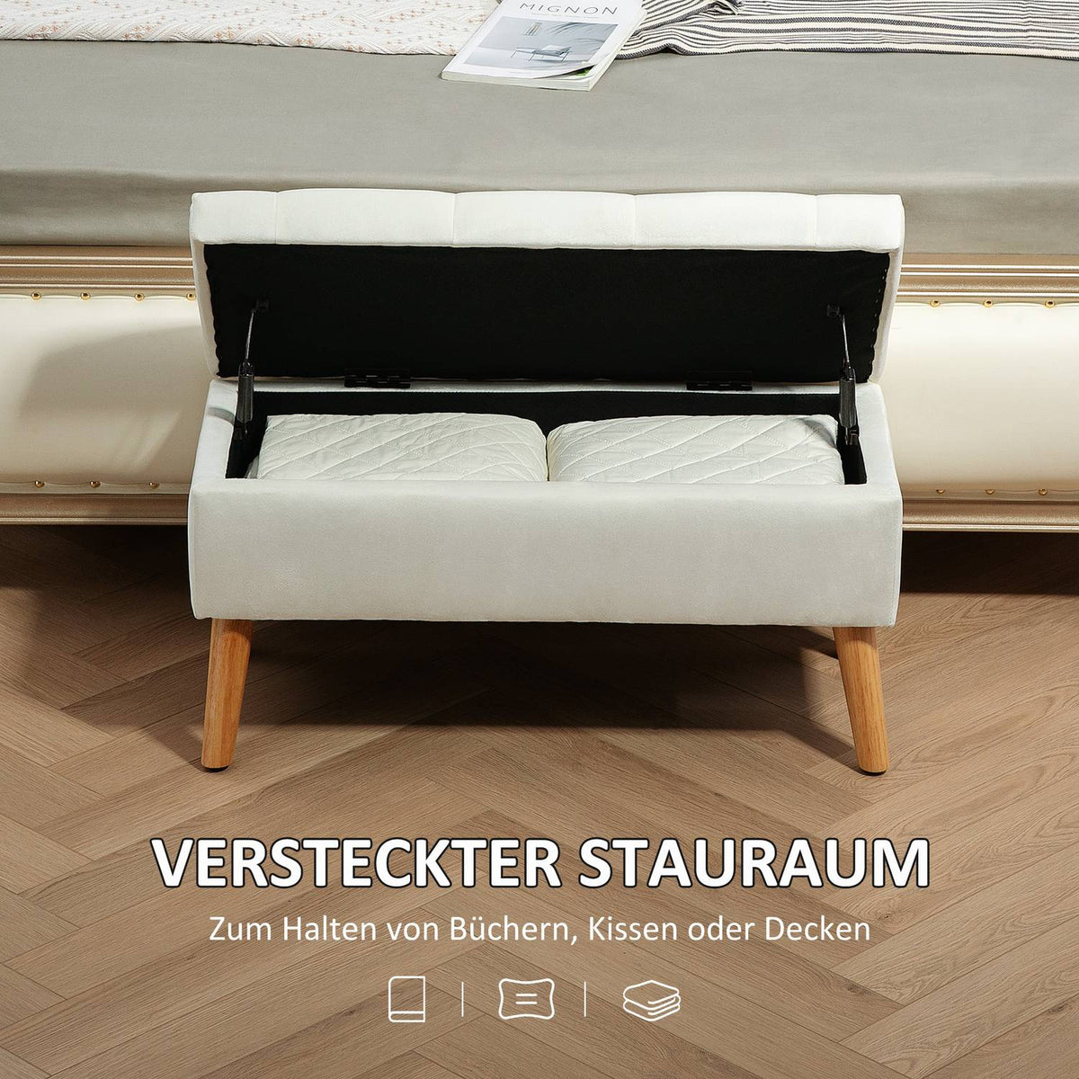 Bench with storage space, upholstered bench with lid, bed bench with velvet look, for hallway, bedroom, living room, rubber wood 102 x 35 x 43 cm white