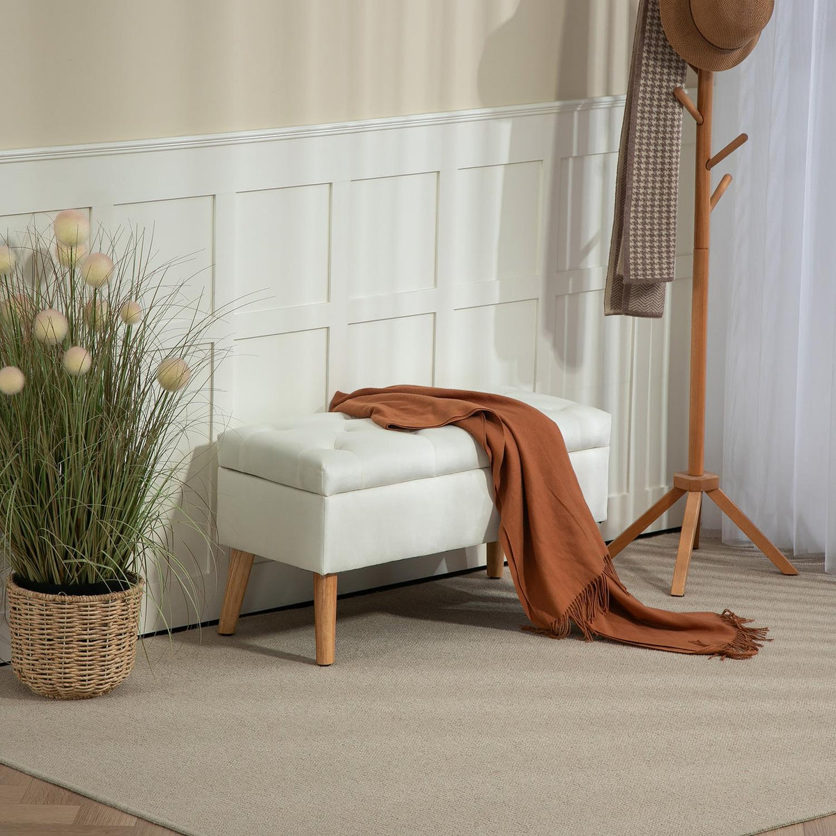 Bench with storage space, upholstered bench with lid, bed bench with velvet look, for hallway, bedroom, living room, rubber wood 102 x 35 x 43 cm white