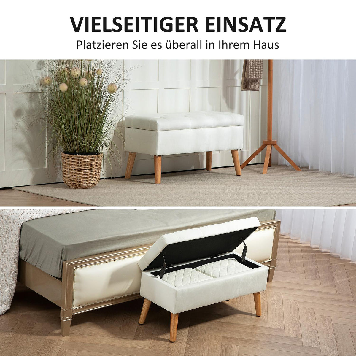 Bench with storage space, upholstered bench with lid, bed bench with velvet look, for hallway, bedroom, living room, rubber wood 102 x 35 x 43 cm white