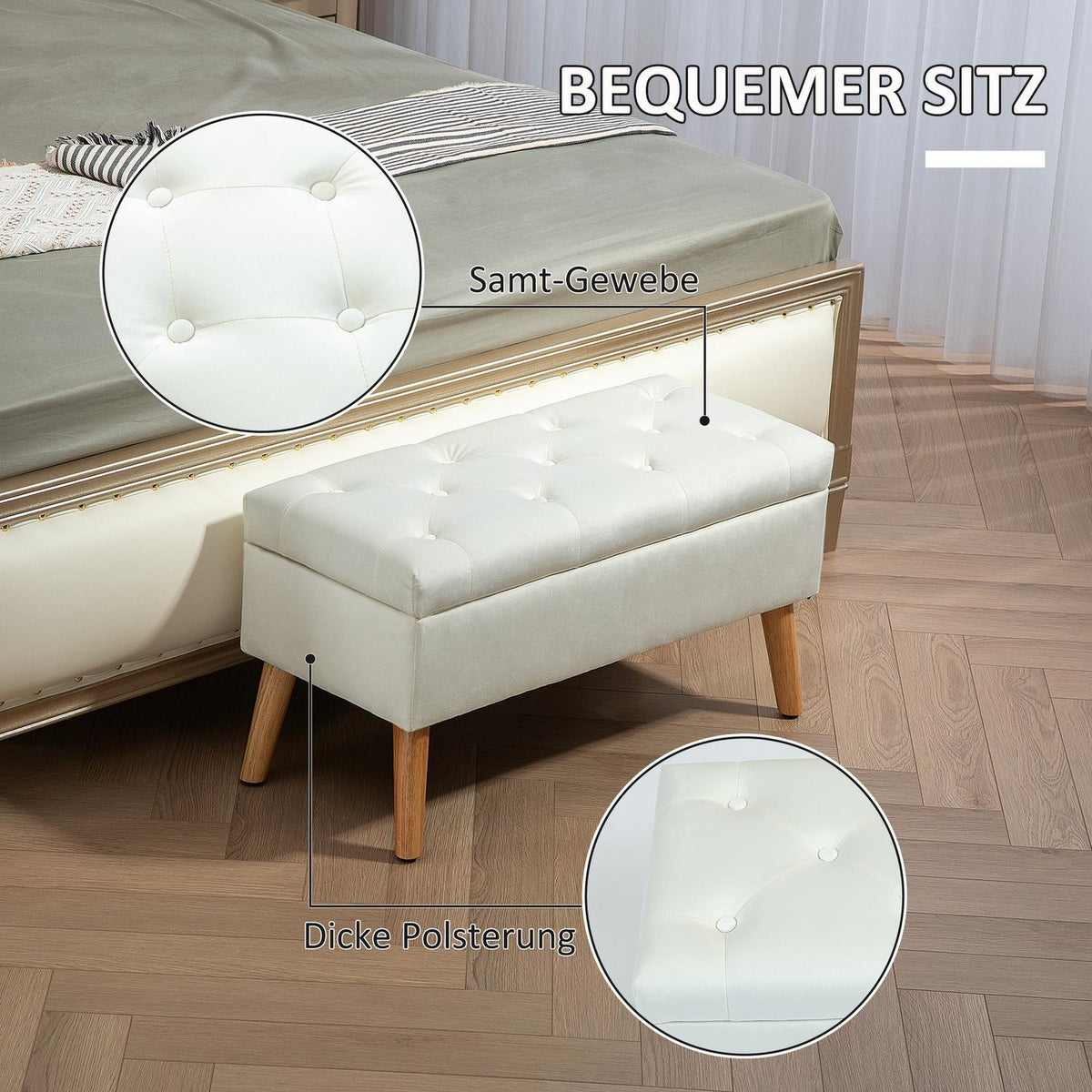 Bench with storage space, upholstered bench with lid, bed bench with velvet look, for hallway, bedroom, living room, rubber wood 102 x 35 x 43 cm white