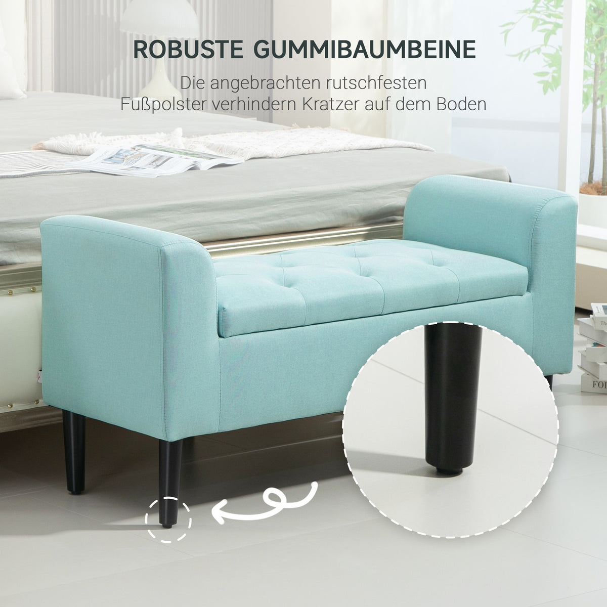 Bench with storage space, upholstered bench with linen look, stool with a load capacity of up to 130 kg, storage box, for living room, bedroom, hallway, 116 x 44 x 58 cm green