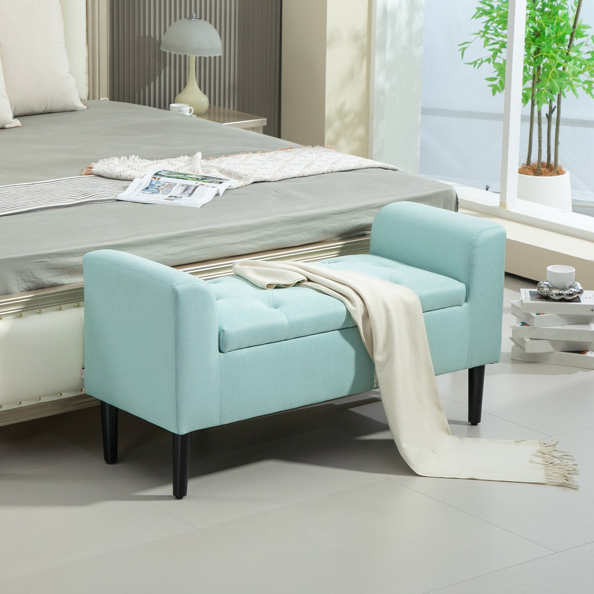 Bench with storage space, upholstered bench with linen look, stool with a load capacity of up to 130 kg, storage box, for living room, bedroom, hallway, 116 x 44 x 58 cm green