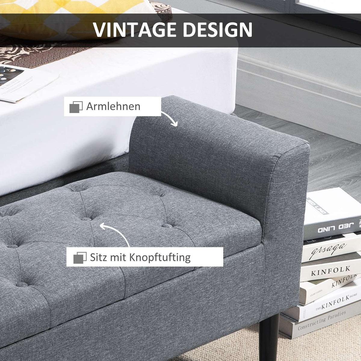 Bench with storage space, upholstered bench with linen look, wooden legs, bed bench with a load capacity of up to 130 kg, for living room, bedroom, hallway, 116 x 44 x 58 cm light gray