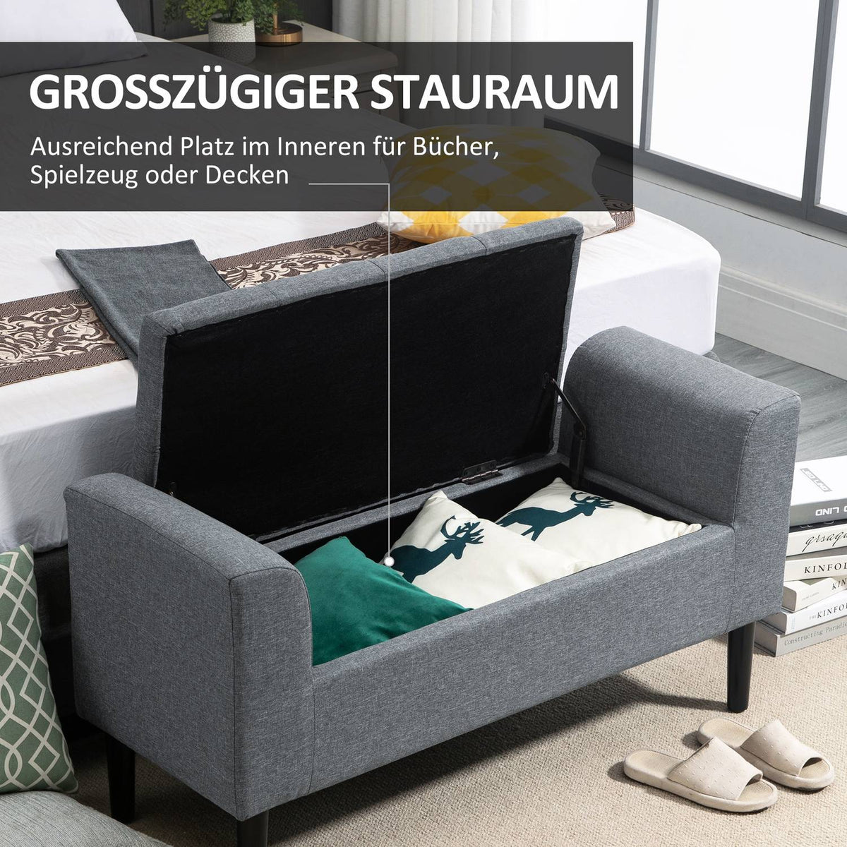 Bench with storage space, upholstered bench with linen look, wooden legs, bed bench with a load capacity of up to 130 kg, for living room, bedroom, hallway, 116 x 44 x 58 cm light gray