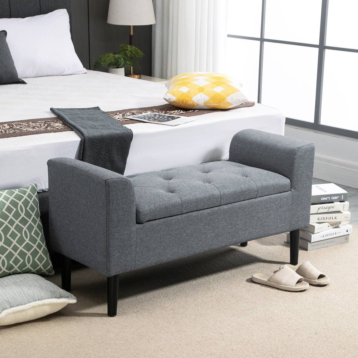 Bench with storage space, upholstered bench with linen look, wooden legs, bed bench with a load capacity of up to 130 kg, for living room, bedroom, hallway, 116 x 44 x 58 cm light gray