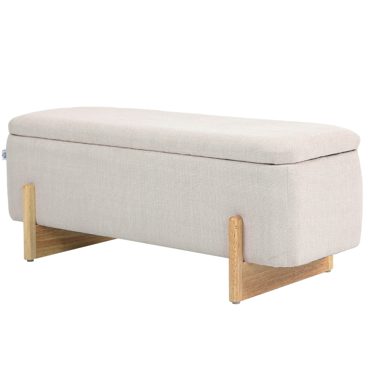 Bench with storage space, upholstered bench with linen look, wooden legs, bed bench with safety hinges for living room, bedroom, hallway