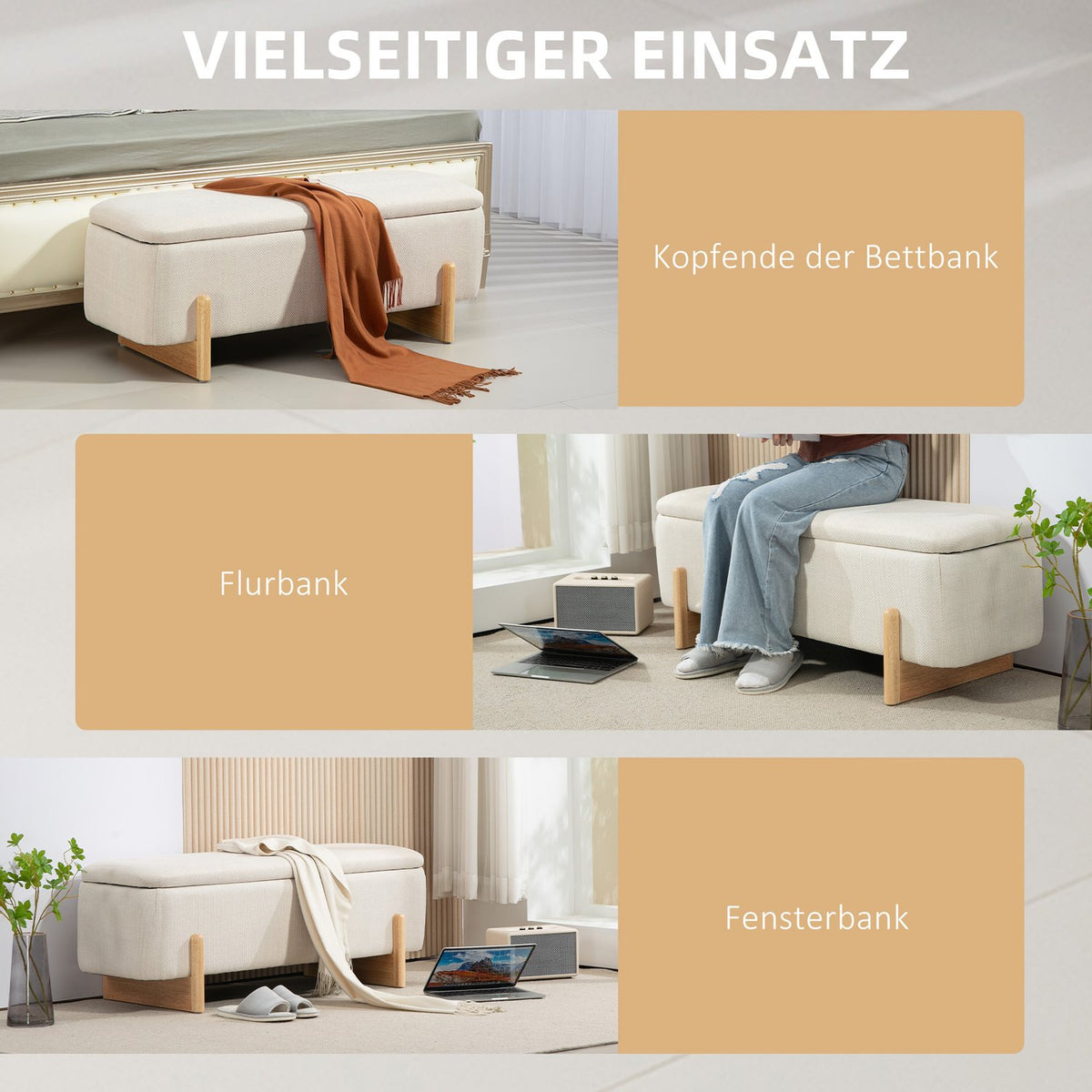 Bench with storage space, upholstered bench with linen look, wooden legs, bed bench with safety hinges for living room, bedroom, hallway