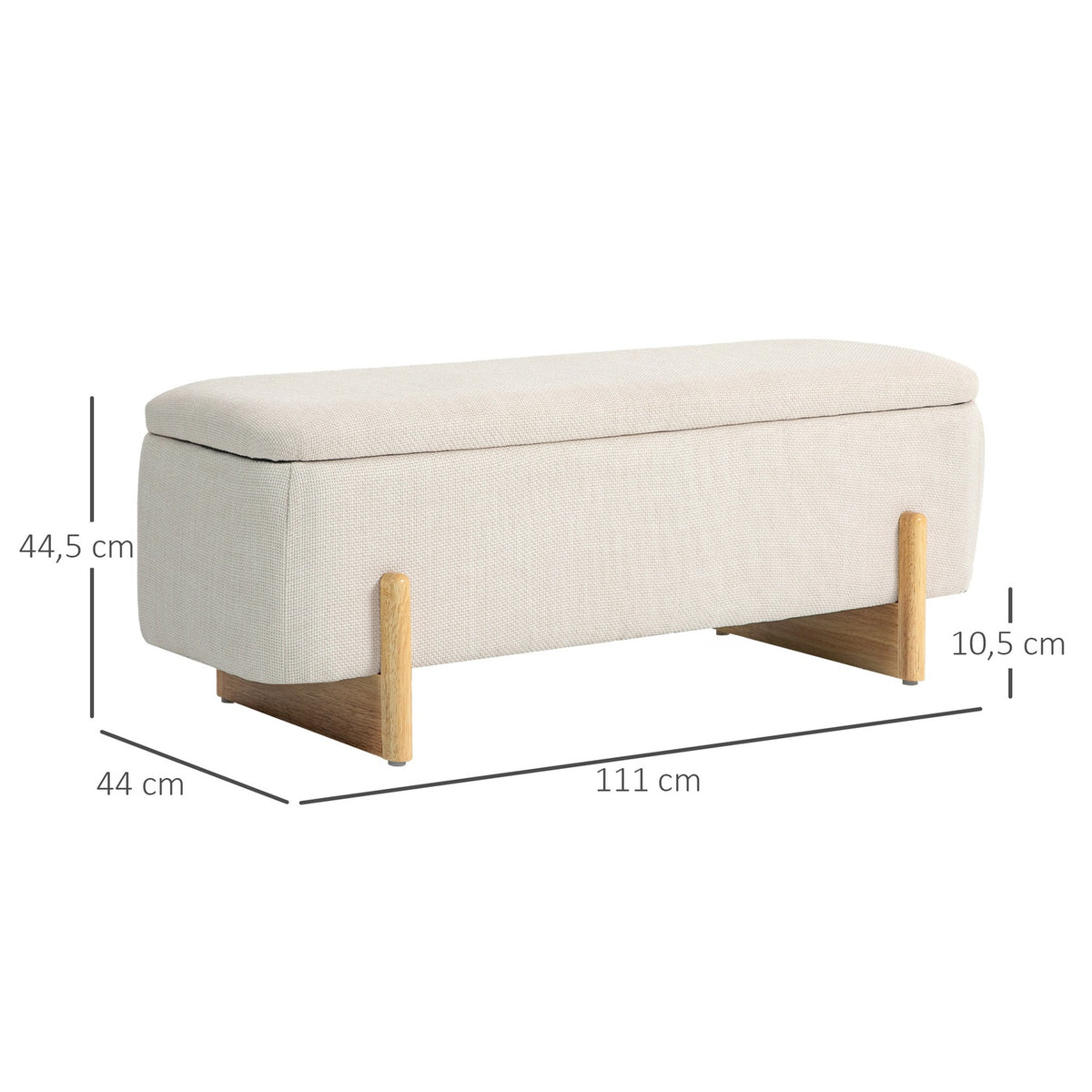 Bench with storage space, upholstered bench with linen look, wooden legs, bed bench with safety hinges for living room, bedroom, hallway
