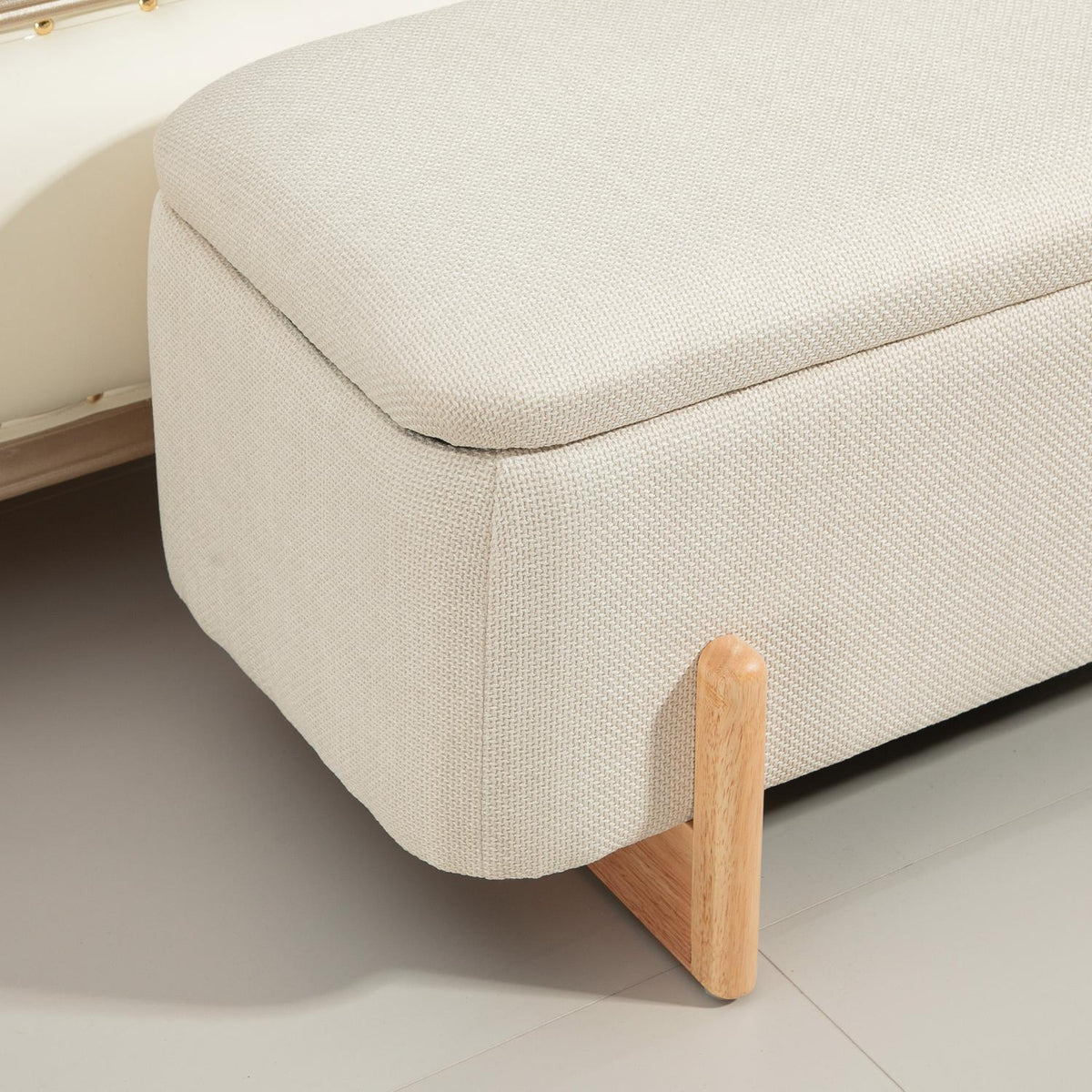 Bench with storage space, upholstered bench with linen look, wooden legs, bed bench with safety hinges for living room, bedroom, hallway