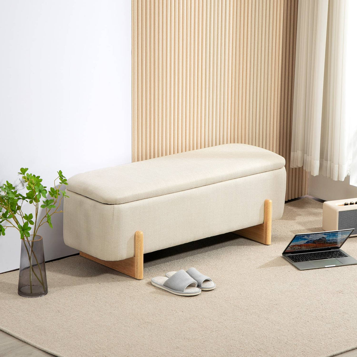 Bench with storage space, upholstered bench with linen look, wooden legs, bed bench with safety hinges for living room, bedroom, hallway